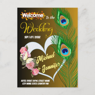 Carte Postale Elégant Peacock Feather & Rose Mariage personnalis