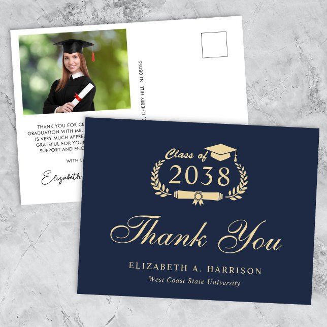 Carte Postale Elégant Photo Blue Gold Graduation Merci (An elegant photo graduation thank you card to show gratitude to friends and family for their support)