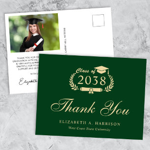 Carte Postale Élégant Photo Green Merci de graduation en or