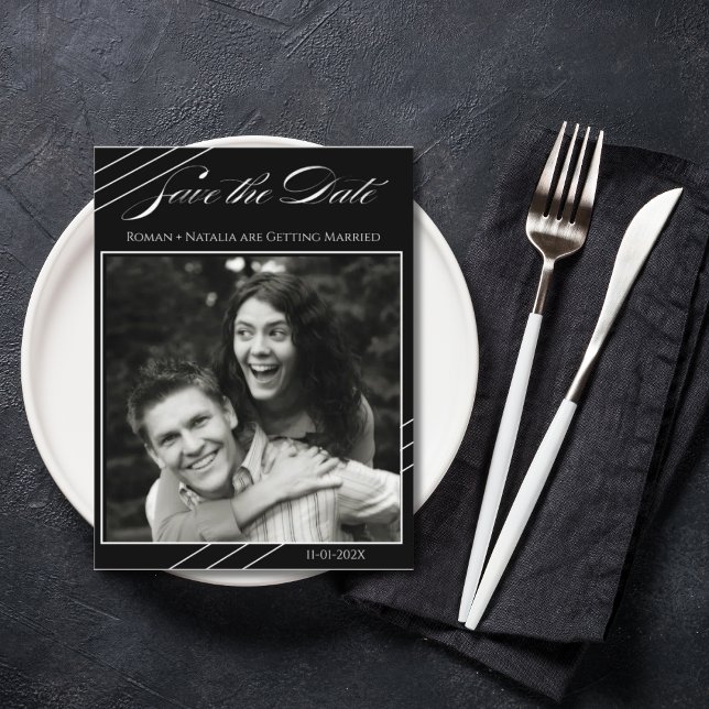 Carte Postale Elegant Photo Minimalist Black White Save the Date (Créateur téléchargé)