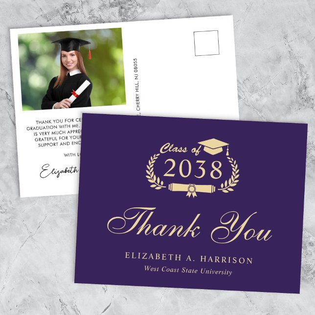 Carte Postale Élégant Photo Purple Gold Merci de graduation (An elegant photo graduation thank you card to show gratitude to friends and family for their support)