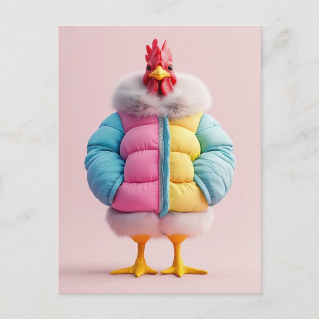 Carte Postale Élégant poulet en veste à poitrine d'hiver colorée (Devant)
