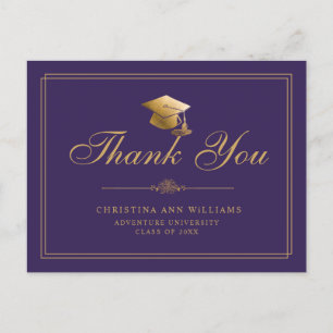 Carte Postale Élégant Purple Gold Script Graduation Merci