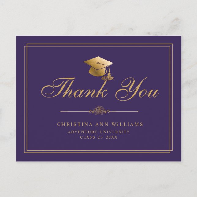 Carte Postale Élégant Purple Gold Script Graduation Merci (Devant)
