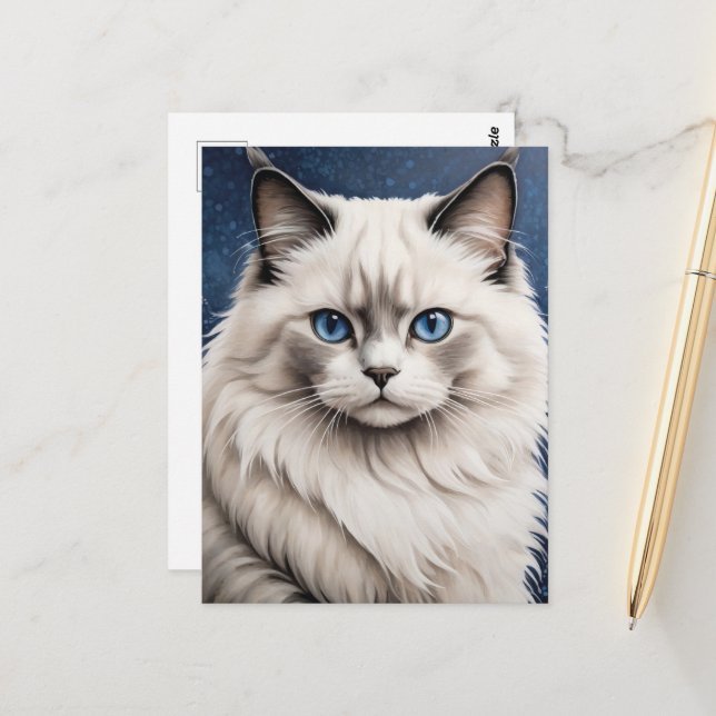 Carte Postale Élégant Ragdoll Chat Portrait Oeil Bleu (Devant/Arrière en situation)
