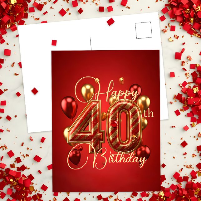 Carte Postale Elégant Rayures Rouges et Dorées 40e Anniversaire (Créateur téléchargé)