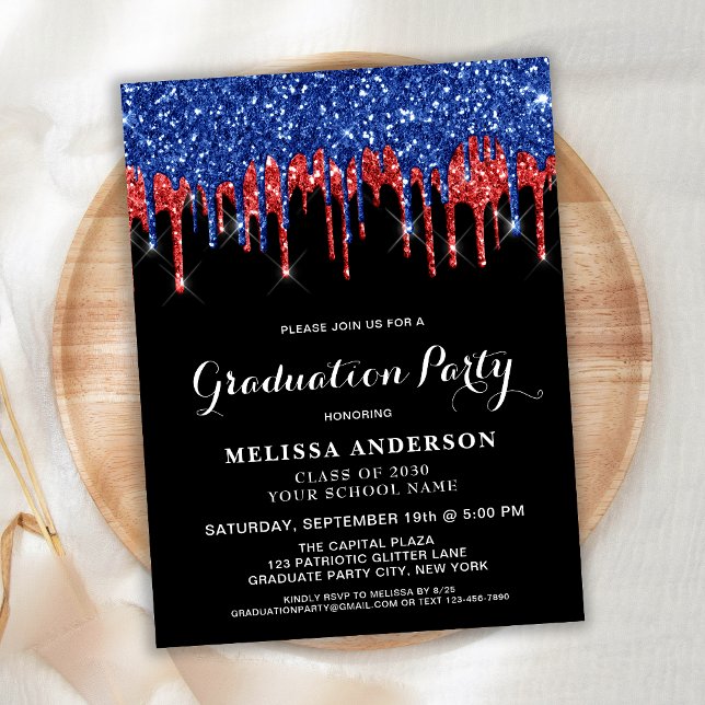 Carte Postale Elegant Red Blue Glitter Drip Patriotic Graduation (Créateur téléchargé)