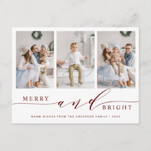 Carte Postale Elégant Red Merry & Bright 3 Photo Holiday