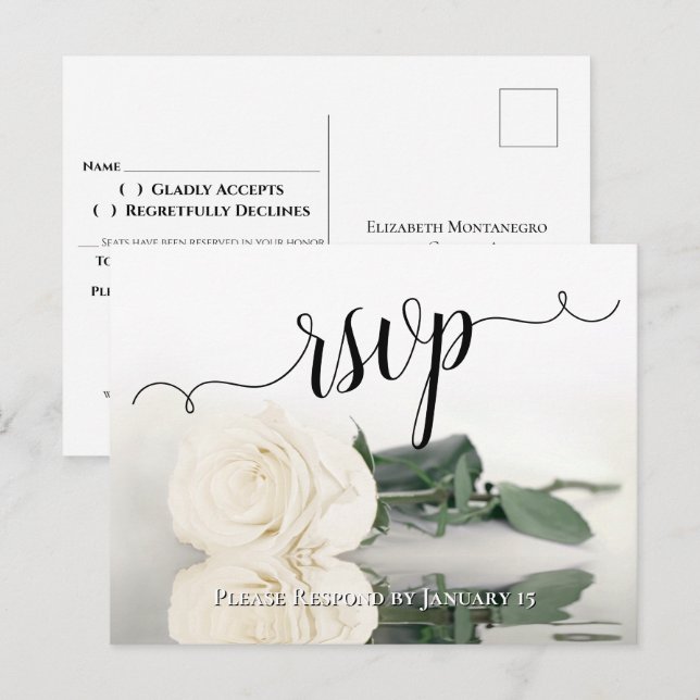 Carte Postale Elégant reflet blanc ivoire Rose mariage RSVP (Devant / Derrière)