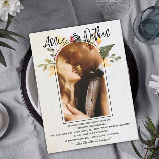 Carte Postale Élégant romantique floral Script Arch Mariage phot (Créateur téléchargé)