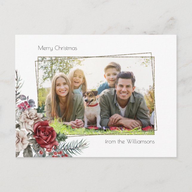 Carte Postale Elégant Rose aquarelle, Pine & Gold Frame Photo (Devant)