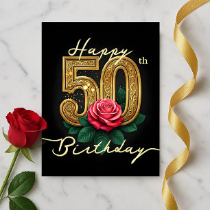 Carte Postale Elegant Rose Bloom et Luxe Golden 50e Anniversaire