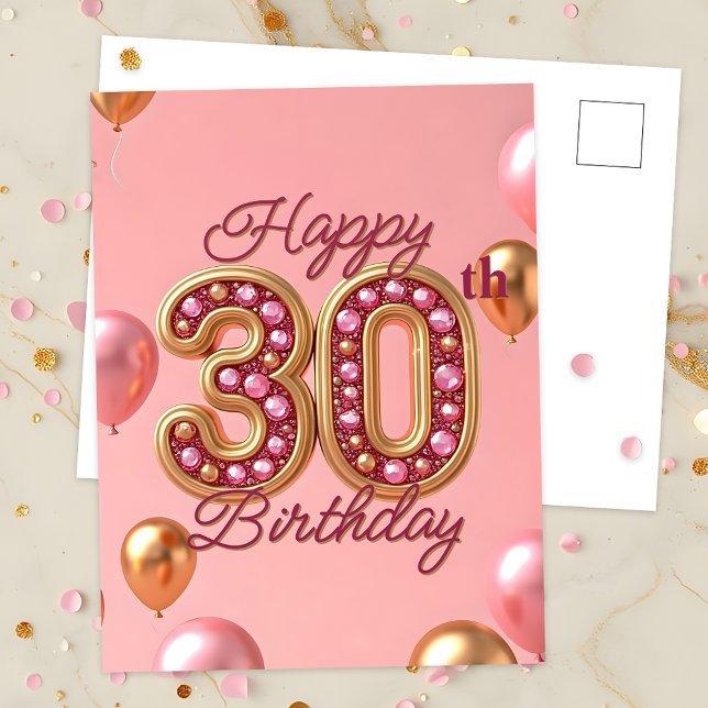 Carte Postale Élégant rose et or 30e anniversaire Jalon (Créateur téléchargé)