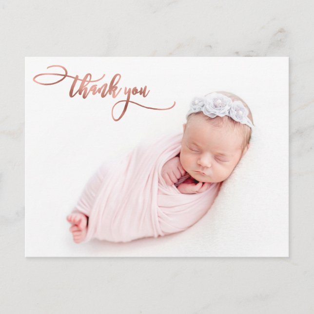 Carte Postale Élégant Rose Gold Script Nouveau Merci photo bébé (Devant)