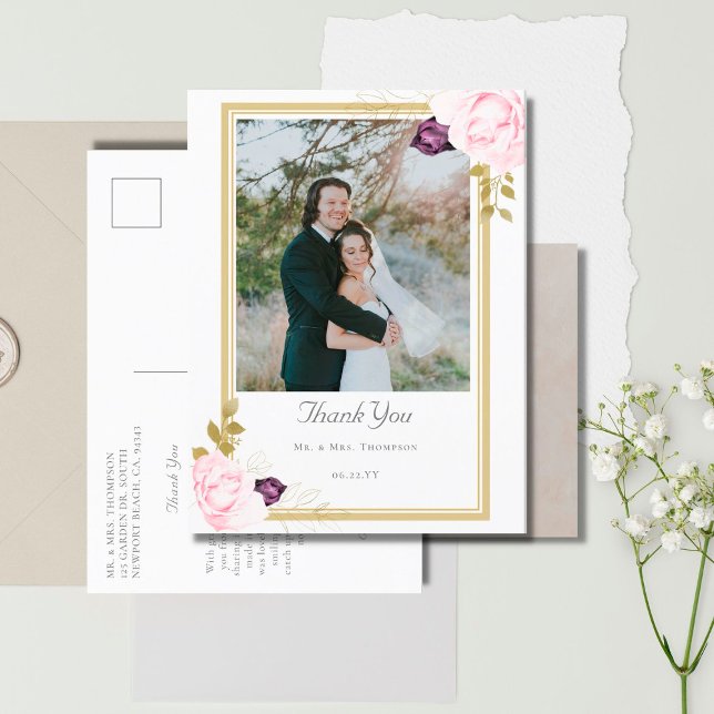 Carte Postale Élégant Rose Rustique Mariage or Merci photo (Créateur téléchargé)