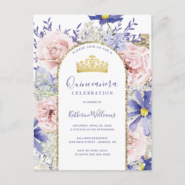 Carte Postale Elégant rose violet Floral Or Tiara Quinceañera (Devant)