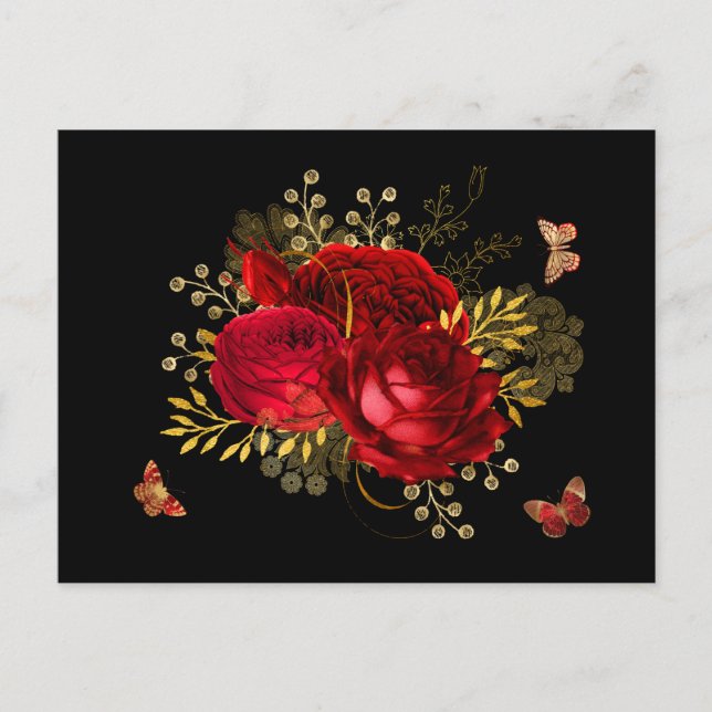 Carte Postale Elégant Rouge Roses Butterfly Gold (Devant)