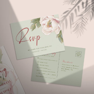 Carte Postale Elégant Sage and Blush Peony Flower RSVP