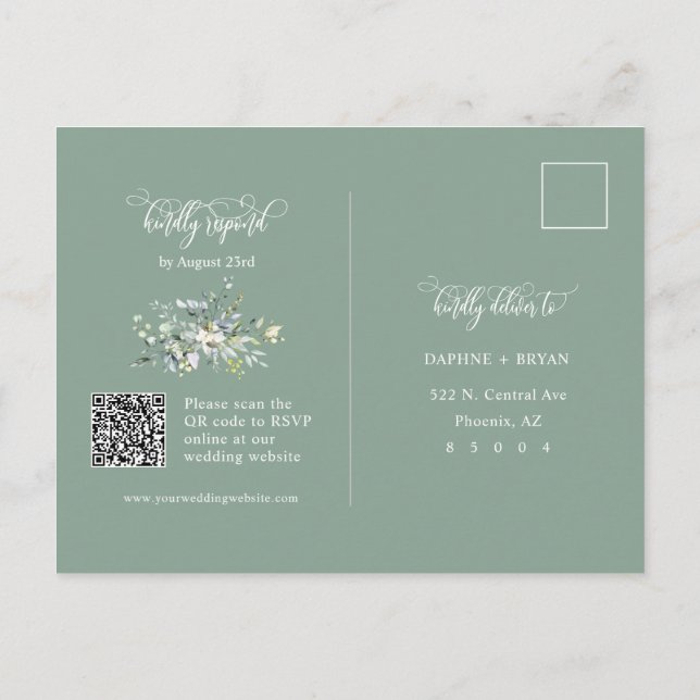 Carte Postale Elegant Sage Green Feuilles QR Code Adresse RSVP (Dos)
