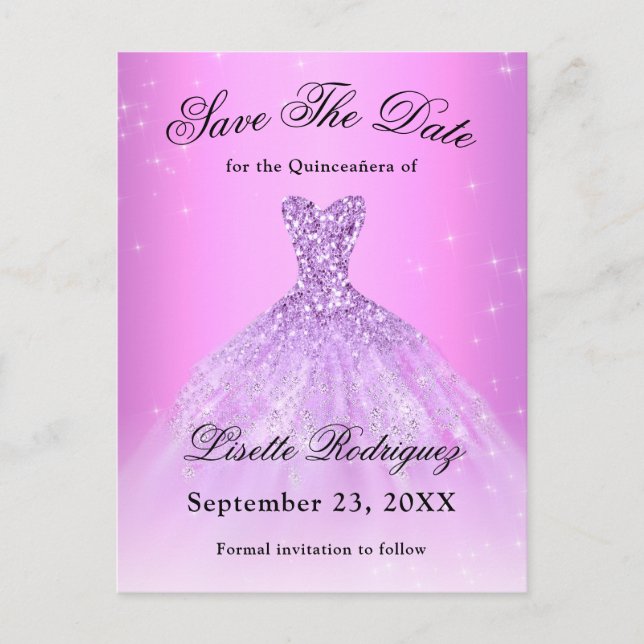 Carte Postale Élégant Save The Date Quinceanera Violet Lilas (Devant)