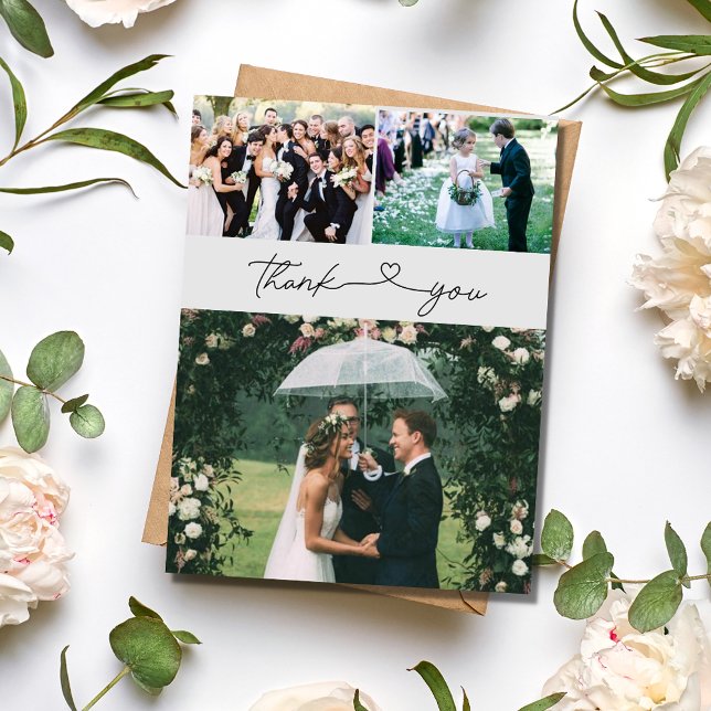 Carte Postale Élégant Script 3 Mariage photo Merci (Elegant Script 3 Photo Wedding Thank You Postcard)