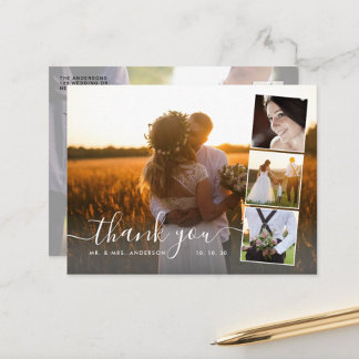 Carte Postale Élégant Script 4 Photo Collage Mariage Merci