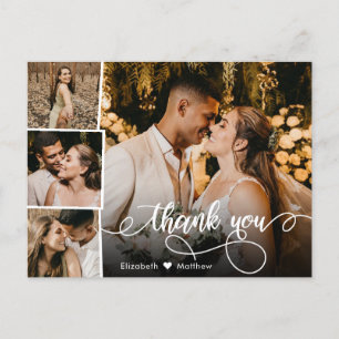 Carte Postale Élégant Script 4 Photo Collage Mariage Merci