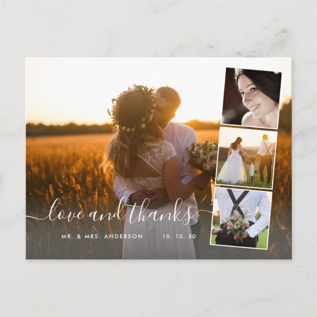 Carte Postale Élégant Script 4 Photo Collage Mariage Merci (Devant)