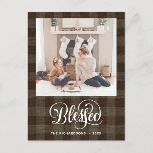 Carte Postale Élégant script blanc BLESSEE Buffalo Brown Plaid