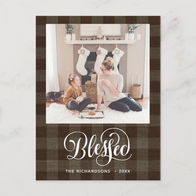 Carte Postale Élégant script blanc BLESSEE Buffalo Brown Plaid (Devant)