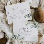 Carte Postale Élégant Script Eucalyptus Verdure Mariage Rsvp<br><div class="desc">Conçue pour coordonner avec notre collection Boho Greenery mariage, cette carte postale Rsvp personnalisable est composée de feuilles d'eucalyptus verdoyants à l'aquarelle et d'un arrière - plan de lavage délicat à l'aquarelle avec un texte calligraphique, associé à un serif élégant et une police sans caractère moderne en noir. Éléments correspondants...</div>