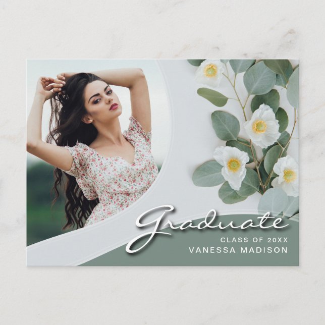 Carte Postale Élégant Script Fleurs blanches | Modern Photo Grad (Devant)