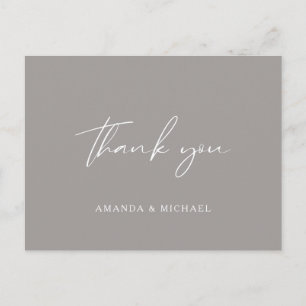 Carte Postale Élégant Script gris Mariage monochrome Merci