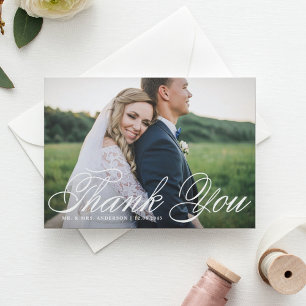 Carte Postale Élégant script Horizontal Mariage photo Merci
