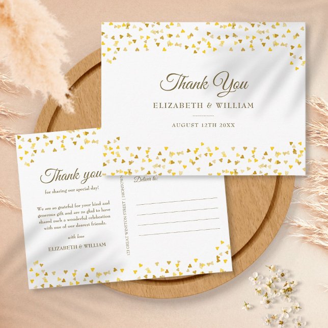 Carte Postale Élégant Script Merci Or Amour Cœurs Confettis (Créateur téléchargé)