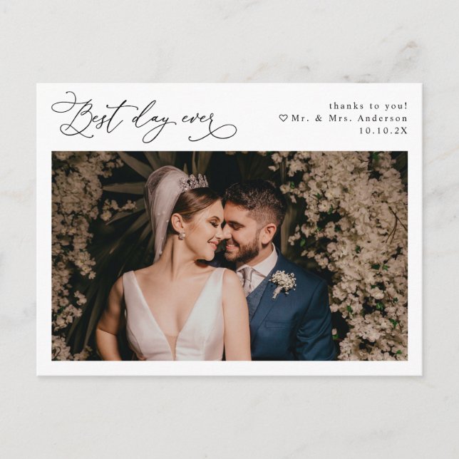 Carte Postale Élégant script minimal Mariage photo Merci (Devant)