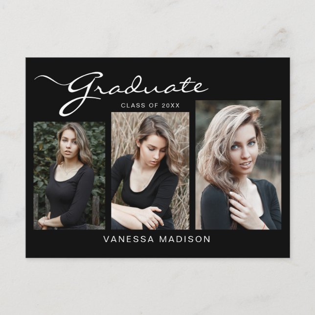 Carte Postale Élégant script moderne | 3 Faire-part photo Grad (Devant)