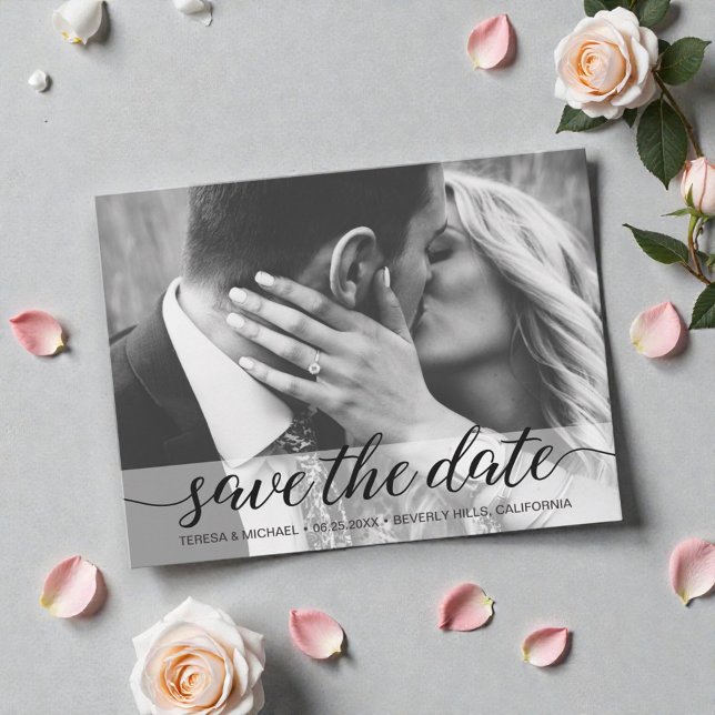 Carte Postale Élégant script moderne mariage fiançailles photo (Elegant, modern, neutral engagement photo save the date script postcard.)