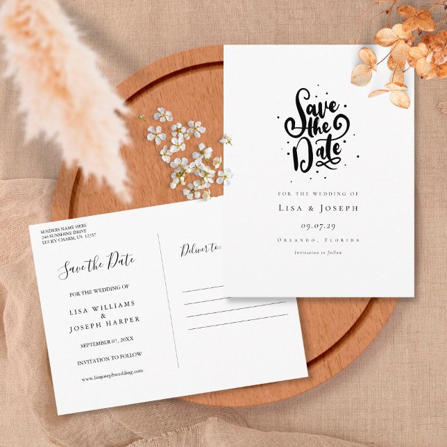 Carte Postale Élégant script noir et blanc Enregistrer la date (Créateur téléchargé)