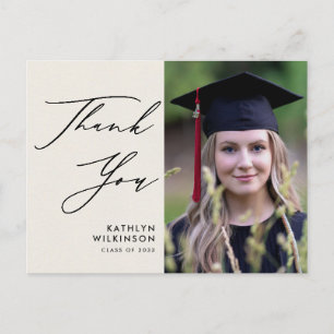 Carte Postale Élégant script noir sur Merci de graduation crème