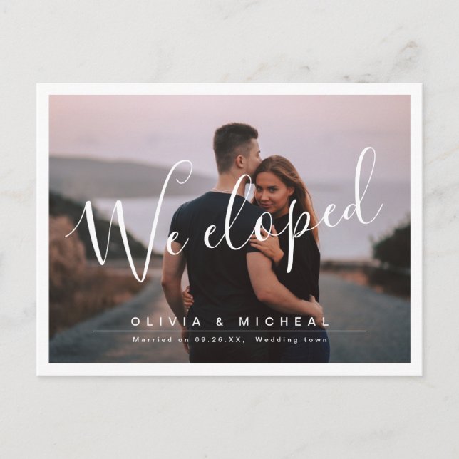 Carte Postale Élégant script "nous avons fui" mariage photo mode (Devant)