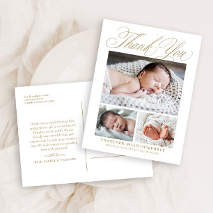 Carte Postale Élégant Script Or 3 Photo Bébé Merci 