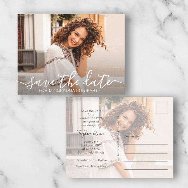 Carte Postale Elegant Script Photo Graduation Save the Date (Créateur téléchargé)