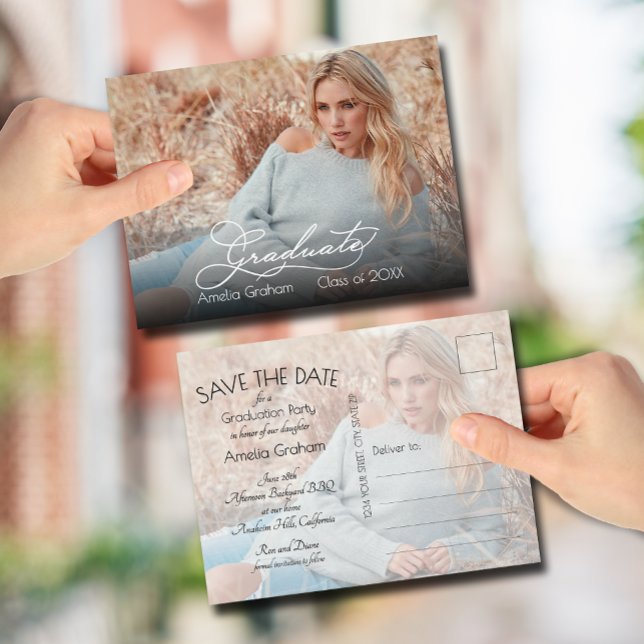 Carte Postale Elegant Script Photo Graduation Save the Date (Photo graduation Save the Date postcards feature your details on the back)