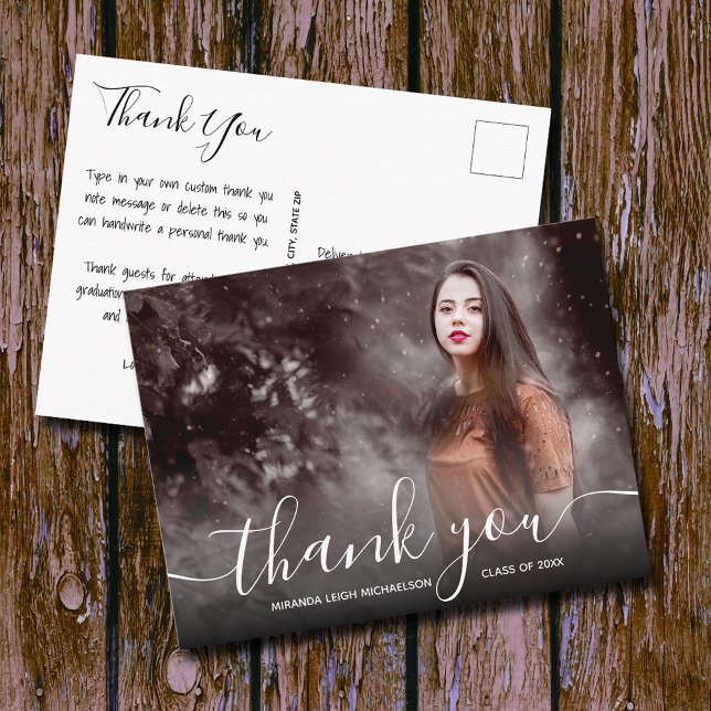 Carte Postale Elegant Script Thank You Photo Graduation (Graduation thank you postcards feature your photo on the front and your message on the back)