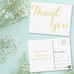 Carte Postale Élégant stylish Faux Gold Script Merci blanc<br><div class="desc">Créez votre propre carte postale personnalisée, personnalisée et élégante. Entrez simplement votre message / note de remerciement. Elégante carte postale de remerciement pour utilisation sur le mariage, anniversaire du mariage, anniversaire, diplôme, douche nuptiale, baby shower, vacances, ou tout autre envoi spécial pour des occasions spéciales OU pour remercier le personnel...</div>