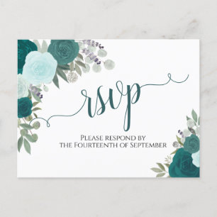 Carte Postale Elégant Turquoise Aquarelle Roses mariage RSVP