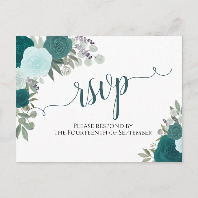 Carte Postale Elégant Turquoise Aquarelle Roses mariage RSVP (Devant)