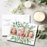 Carte Postale Élégant Vacances Verdure Famille 3 Photo Moderne<br><div class="desc">Cette élégante carte postale botanique de Noël dispose d'un joli trois modèles photo pour votre famille ou vos enfants. Personnalisez le cadre verdoyant chic avec vos propres 3 photos carrés au centre. Customisez avec votre propre texte vert pour une belle carte postale moderne.</div>
