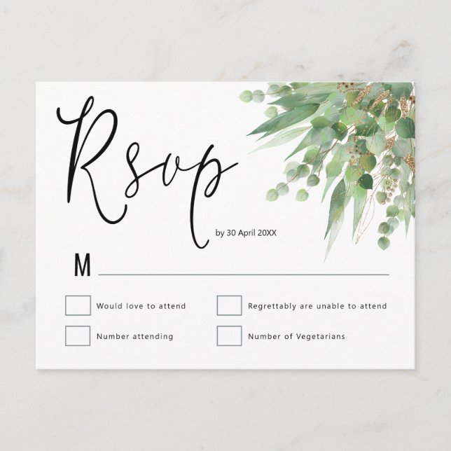 Carte Postale Elégant Vert Eucalyptus Script Mariage RSVP (Devant)